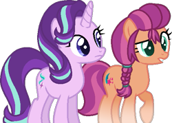 Size: 555x398 | Tagged: safe, artist:muhammad yunus, starlight glimmer (mlp), sunny starscout (mlp), earth pony, equine, fictional species, mammal, pony, unicorn, feral, friendship is magic, hasbro, my little pony, my little pony g5, spoiler:my little pony g5, base used, duo, duo female, female, females only, g5 to g4, gritted teeth, low res, mare, simple background, teeth, transparent background