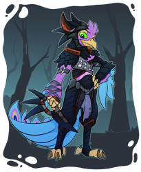 Size: 1800x2200 | Tagged: safe, artist:harbingerofchange, oc, oc:gyro feather, oc:gyro feather (bird), bird, fictional species, galliform, monster, nargacuga, peafowl, wyvern, anthro, monster hunter, armor, beak, bird feet, bird hands, claws, feathered wings, feathers, green eyes, male, night, pink body, purple body, tail, wings, yellow body