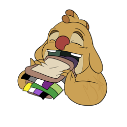 Size: 1500x1500 | Tagged: safe, artist:bennydwight, reuben (lilo & stitch), alien, experiment (lilo & stitch), fictional species, semi-anthro, disney, lilo & stitch, 2022, antennae, aromantic pride flag, asexual pride flag, bread, buckteeth, colored tongue, dipstick antennae, eyes closed, flag, food, green mouth, multicolored antennae, nonbinary pride flag, open mouth, open smile, pride flag, purple tongue, sandwich, simple background, smiling, solo, teeth, tongue, watermark, white background, yellow body
