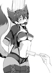 Size: 905x1280 | Tagged: suggestive, artist:aboart00, oc, oc only, canine, dog, fennekin, fictional species, mammal, anthro, nintendo, pokémon, 2022, ball gag, bdsm, bedroom eyes, belly button, black nose, blushing, bondage, bottomwear, breasts, captured, clothes, commission, digital art, ear fluff, ears, eyelashes, female, fluff, food, fur, gag, hair, looking at you, moaning, monochrome, nipple outline, panties, popsicle, scales, shorts, simple background, solo, solo female, starter pokémon, tank top, teasing, thighs, topwear, underwear, white background, wide hips