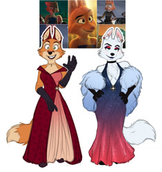 Size: 1205x1280 | Tagged: safe, artist:thecatnamedfish, diane foxington (the bad guys), arctic fox, canine, fox, mammal, anthro, dreamworks animation, the bad guys, 2022, absolute cleavage, bottomwear, breasts, chest fluff, choker, cleavage, clothes, dress, ear fluff, ear piercing, ears, eyeshadow, female, fluff, gloves, jewelry, lipstick, makeup, necklace, piercing, redesign, smiling, solo, solo female, tail, tail fluff, teeth