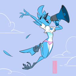 Size: 1280x1280 | Tagged: safe, artist:birchly, tweetfur, oc, oc only, bird, anthro, twitter, beak, blue body, bow, bow panties, claws, clothes, crop top, cropped shirt, digital art, eyes closed, feathers, female, megaphone, midriff, open mouth, outdoors, panties, pink panties, solo, solo female, tail, talons, tongue, topwear, underwear, white shirt