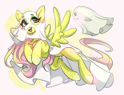 Size: 3470x2665 | Tagged: safe, artist:rico_chan, fluttershy (mlp), equine, fictional species, ghost, mammal, pegasus, pony, undead, feral, friendship is magic, hasbro, my little pony, 2022, clothes, costume, feathered wings, feathers, female, ghost costume, hair, halloween, halloween costume, high res, holiday, huevember, mane, mare, pink hair, pink mane, pink tail, sketch, solo, solo female, tail, wings, yellow body