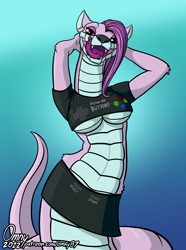 Size: 1500x2013 | Tagged: safe, artist:omny87, ferret, fictional species, hybrid, mammal, mustelid, reptile, snake, anthro, lamia, arms behind head, big breasts, bottomwear, breasts, clothes, crop top, cropped shirt, fangs, female, forked tongue, licking, licking lips, open mouth, scales, sharp teeth, shirt, skirt, solo, solo female, teeth, tongue, tongue out, topwear, underboob