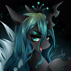 Size: 4000x3992 | Tagged: safe, artist:evanrank, queen chrysalis (mlp), arthropod, changeling, changeling queen, equine, fictional species, feral, friendship is magic, hasbro, my little pony, 2022, eyelashes, female, high res, hoof on chest, hooves, insect wings, jagged horn, open mouth, open smile, smiling, solo, solo female, wings
