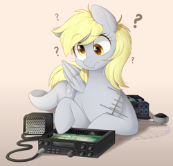 Size: 1200x1146 | Tagged: safe, artist:higglytownhero, derpy hooves (mlp), equine, fictional species, mammal, pegasus, pony, feral, friendship is magic, hasbro, my little pony, 2022, 2d, blonde hair, blonde mane, blonde tail, confused, cute, electronics, eye through hair, eyelashes, feathered wings, feathers, female, gray body, hair, lying down, mane, mare, prone, question mark, radio, radio antenna, scrunchy face, solo, solo female, tail, ungulate, wings