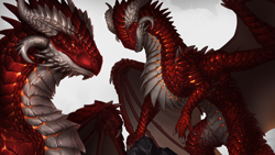 Size: 4679x2632 | Tagged: safe, artist:ket-dawnatsunset, oc, oc only, dragon, fictional species, reptile, western dragon, feral, 2022, bust, claws, commission, high res, horns, male, red body, red scales, scales, sharp teeth, simple background, solo, solo male, spines, teeth