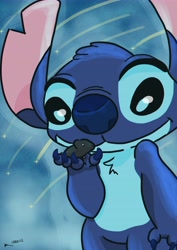 Size: 4961x7016 | Tagged: safe, artist:greenkat, stitch (lilo & stitch), alien, experiment (lilo & stitch), fictional species, hamster, mammal, rodent, disney, lilo & stitch, 2022, absurd resolution, black body, black eyes, blue body, blue claws, blue fur, blue pupils, carrying, chest fluff, claws, colored pupils, digital art, duo, ears, finger claws, fluff, fur, head fluff, meteor shower, size difference, smiling, torn ear