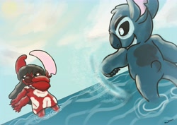 Size: 7016x4961 | Tagged: safe, artist:greenkat, lilo pelekai (lilo & stitch), stitch (lilo & stitch), oc, oc:lilo pelekai (experiment), alien, experiment (lilo & stitch), fictional species, semi-anthro, disney, lilo & stitch, 2022, absurd resolution, bangs, black eyes, black hair, blue body, blue claws, blue fur, blue nose, child, claws, clothes, digital art, dress, duo, duo male and female, dutch angle, ears, experimentified, fangs, female, finger claws, fingers, fluff, four arms, fur, hair, head fluff, long hair, male, multiple arms, multiple limbs, muumuu, open mouth, open smile, outdoors, playing, red claws, red nose, short tail, smiling, species swap, splashing, standing, sun, tail, teeth, torn ear, water, young