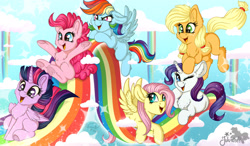 Size: 1920x1120 | Tagged: safe, artist:julunis14, applejack (mlp), fluttershy (mlp), pinkie pie (mlp), rainbow dash (mlp), rarity (mlp), twilight sparkle (mlp), alicorn, earth pony, equine, fictional species, mammal, pegasus, pony, unicorn, feral, friendship is magic, hasbro, my little pony, 2022, 2d, chest fluff, cloud, cute, digital art, ear fluff, eyelashes, feathered wings, feathers, female, filly, fluff, foal, fur, heart, horn, mane six (mlp), rainbow, signature, tail, watermark, wholesome, wings, young, younger