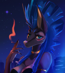 Size: 957x1071 | Tagged: safe, artist:annaklava, anubis, canine, jackal, mammal, bust, cigarette, female, hair, looking at you, mohawk, night, night sky, rule 63, sky, smoking, solo, solo female, stars
