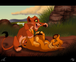 Size: 1100x900 | Tagged: safe, artist:sickrogue, artist:silvertoneanimals, collaboration, mufasa (the lion king), scar (the lion king), big cat, feline, lion, mammal, feral, disney, the lion king, brother, brothers, cub, duo, duo male, letterboxing, male, males only, paw pads, paws, siblings, young, younger