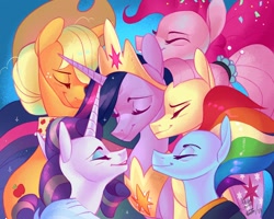 Size: 1280x1024 | Tagged: safe, artist:eepiart, applejack (mlp), fluttershy (mlp), pinkie pie (mlp), rainbow dash (mlp), rarity (mlp), twilight sparkle (mlp), alicorn, earth pony, equine, fictional species, mammal, pony, unicorn, feral, friendship is magic, hasbro, my little pony, 2019, coat, crown, eyes closed, female, females only, group, headwear, jewelry, mane six (mlp), mare, older, peytral, regalia, signature, smiling, topwear