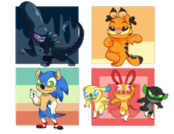 Size: 1200x923 | Tagged: safe, artist:angoraram, blossom (the ppgs), bubbles (the ppgs), buttercup (the ppgs), garfield (garfield), sonic the hedgehog (sonic), alien, experiment (lilo & stitch), feline, fictional species, mammal, xenomorph, feral, semi-anthro, alien (franchise), cartoon network, disney, garfield (comic), lilo & stitch, sega, sonic the hedgehog (series), the powerpuff girls, 2019, 4 fingers, 4 toes, ambiguous gender, back spines, big ears, big head, black body, black eyes, blue body, blue claws, blue eyes, blue fur, blue mouth, blue nose, body markings, cel shading, claws, colored pupils, colored tongue, countershading, crossed legs, crossover, dipstick ears, dipstick tail, ears, ears down, eulipotyphlan, eyebrows, eyeless, facial markings, feet, female, fingers, forehead markings, fur, furrified, gloves (arm marking), gray body, green claws, green eyes, green nose, grey countershading, group, half closed eyes, head marking, head markings, leaning, leg markings, looking at you, multicolored ears, multicolored tail, narrowed eyes, open mouth, open smile, orange body, orange tongue, pink claws, pink eyes, pink nose, pivoted ears, pupils, raised eyebrow, shaded, short tail, siblings, signature, simple background, sister, sisters, slightly chubby, smiling, socks (leg marking), species swap, standing, suspended in midair, tail, tail markings, toes, tongue, transparent background, white pupils, yellow body