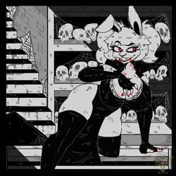 Size: 990x990 | Tagged: safe, artist:madnessandgiovanni0595, oc, oc:amy summers, fictional species, lagomorph, mammal, rabbit, undead, vampire, anthro, bangs, blood, bone, breasts, cleavage, clothes, cobweb, commission, crypt, evening dress, evening gloves, eyelashes, female, fingerless long gloves, gloves, goth, hair, huge breasts, legwear, limited palette, long gloves, looking to the side, pigtails, red eyes, skull, solo, solo female, stairs, thick eyelashes, thick thighs, thigh highs, thighs, watermark, ych result