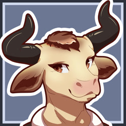 Size: 2000x2000 | Tagged: safe, artist:jennithedragon, oc, oc only, bovid, bull, cattle, mammal, anthro, 2018, brown eyes, bust, fur, gift art, high res, horns, male, simple background, smiling, solo, solo male, tan body, tan fur