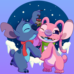 Size: 522x523 | Tagged: safe, artist:angoraram, edit, angel (lilo & stitch), stitch (lilo & stitch), alien, experiment (lilo & stitch), fictional species, semi-anthro, disney, lilo & stitch, 2020, ambiguous gender, antennae, antennae marking, back marking, blue body, blue claws, blue fur, blue nose, blue tongue, body markings, cel shading, christmas, claws, clothes, colored tongue, duo, ears, eyelashes, eyes closed, fluff, fur, gradient background, head fluff, holding, holding object, holding plant, holiday, kissing, kissing cheek, looking aside, mistletoe, nudity, on one leg, one eye closed, open mouth, open smile, partial nudity, plant, purple eyes, purple nose, scarf, scarf only, shaded, short tail, signature, simple background, smiling, snow, standing, tail, tongue, torn ear