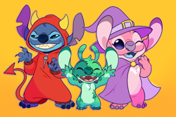 Size: 1260x842 | Tagged: safe, artist:angoraram, angel (lilo & stitch), stitch (lilo & stitch), oc, oc:calico (angoraram), alien, experiment (lilo & stitch), fictional species, semi-anthro, disney, lilo & stitch, 2022, 4 fingers, 4 toes, ambiguous gender, antennae, blue body, blue claws, blue eyes, blue fur, blue mouth, blue nose, blue tongue, body markings, cape, cel shading, chest fluff, chest marking, claws, clothes, colored tongue, costume, devil costume, digital art, ear marking, ears, evil grin, eyes closed, facial markings, feet, finger claws, fingers, fluff, fur, green body, green claws, green fur, green nose, grin, group, halloween, halloween costume, happy, hat, head fluff, head marking, head markings, head tuft, headgear, headwear, holiday, looking at you, multicolored antennae, one eye closed, open mouth, open smile, pink body, pink fur, purple claws, purple clothing, purple eyes, purple nose, raised arms, red clothes, shaded, smiling, toes, tongue, torn ear, trio, winking, witch costume, witch hat