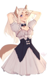 Size: 748x1200 | Tagged: safe, artist:personalami, oc, oc:losse (personalami), animal humanoid, canine, fictional species, fox, mammal, humanoid, arms behind head, bottomwear, clothes, dress, female, freckles, heterochromia, solo, solo female, tail