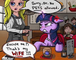 Size: 2048x1615 | Tagged: source needed, safe, artist:celsian, twilight sparkle (mlp), equine, fictional species, mammal, pony, unicorn, friendship is magic, hasbro, my little pony, angry, apron, bloodshot eyes, cafe, candle, chef, chef's hat, clothes, cross-popping veins, food, glaring, hat, headwear, iphone, japanese text, jewelry, name tag, necklace, noodles, offscreen character, restaurant, salt shaker, table, text, waitress, watch