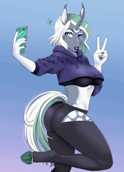 Size: 2363x3279 | Tagged: safe, artist:thecatnamedfish, oc, oc:artemis bluemoon (thecatnamedfish), bat pony, equine, fictional species, hybrid, mammal, pony, unicorn, anthro, friendship is magic, hasbro, my little pony, 2022, bottomwear, bra, clothes, curved horn, dock, ears, exercise, female, freckles, gesture, hair, hooves, horn, iphone, legwear, lipstick, makeup, multicolored hair, one eye closed, selfie, shorts, solo, solo female, sports bra, sports pants, spots, spotted body, sweater, tail, topwear, two toned hair, underwear, v sign, winking