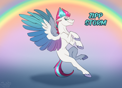 Size: 1400x1006 | Tagged: safe, artist:sunny way, zipp storm (mlp), equine, fictional species, mammal, pegasus, pony, feral, hasbro, my little pony, my little pony g5, spoiler:my little pony g5, 2022, artwork, colored wingtips, cute, digital art, eyelashes, feathered wings, feathers, female, flying, fur, hair, mane, mare, my little pony a new generation, rainbow, smiling, solo, solo female, tail, wings