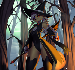 Size: 1200x1125 | Tagged: safe, artist:doomxwolf, fictional species, renamon, anthro, digimon, 2022, broom, clothes, commission, female, hat, headwear, heterochromia, leotard, solo, solo female, tail, thick thighs, thighs, wide hips, witch hat