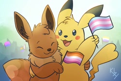 Size: 1280x853 | Tagged: safe, artist:kalaxy, eevee, eeveelution, fictional species, mammal, pikachu, feral, nintendo, pokémon, 2022, 2d, ambiguous gender, ambiguous only, cute, duo, duo ambiguous, eyes closed, flag, lesbian pride flag, open mouth, open smile, pride, pride flag, smiling, transgender pride flag