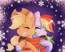 Size: 2048x1636 | Tagged: safe, artist:galaxxy03a, applejack (mlp), rainbow dash (mlp), earth pony, equine, fictional species, mammal, pegasus, pony, feral, friendship is magic, hasbro, my little pony, 2022, appledash (mlp), bust, clothes, cowboy hat, drink, duo, duo female, eyes closed, female, female/female, females only, feral/feral, hat, headwear, hot chocolate, hug, mare, scarf, scarf sharing, shipping, smiling, snow, stetson