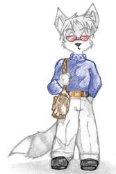 Size: 366x547 | Tagged: safe, artist:reddragonkan, oc, oc only, canine, fox, mammal, anthro, bag, clothes, container, digital art, fur, glasses, low res, male, pencil drawing, simple background, solo, solo male, student, tail, traditional art