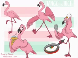 Size: 1280x958 | Tagged: safe, artist:strawbear_arts, bird, flamingo, feral, 2d, ambiguous gender, chef's hat, clothes, drinking straw, frying pan, hat, headwear, juice, solo, solo ambiguous