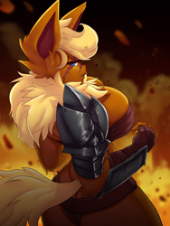 Size: 3000x4000 | Tagged: safe, artist:faejunkie, eeveelution, fictional species, flareon, mammal, anthro, nintendo, pokémon, 2022, blonde hair, breasts, clothes, ears, facial scar, female, hair, huge breasts, looking at you, scar, solo, solo female, tail, thick thighs, thighs