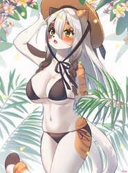 Size: 950x1284 | Tagged: safe, artist:etivka, oc, oc only, cat, feline, mammal, anthro, 2022, big breasts, bikini, breasts, clothes, ears, female, hair, kemono, long hair, redraw, solo, solo female, swimsuit, tail, thighs, white hair