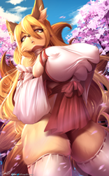 Size: 3170x5068 | Tagged: safe, artist:viejillox, canine, fictional species, fox, kitsune, mammal, anthro, 2022, absurd resolution, blonde hair, breasts, clothes, ear fluff, female, fluff, hair, huge breasts, long hair, solo, solo female, tail, tail fluff, thighs, vixen
