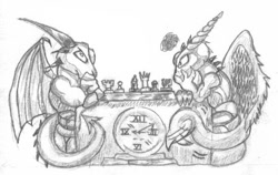 Size: 449x284 | Tagged: safe, artist:reddragonkan, dragon, fictional species, reptile, feral, chess, clock, duo, female, game, horns, low res, male, monochrome, pencil drawing, scales, simple background, tail, traditional art