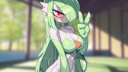Size: 3840x2160 | Tagged: safe, alternate version, artist:drunk_oak, fictional species, gardevoir, anthro, nintendo, pokémon, 16:9, 2022, bedroom eyes, belly button, blushing, breasts, clothes, detailed background, digital art, ears, eyelashes, female, gesture, hair, looking at you, one eye closed, peace sign, pose, solo, solo female, tank top, topwear