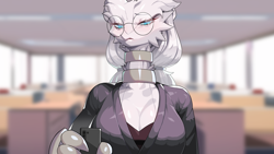 Size: 3840x2160 | Tagged: safe, alternate version, artist:drunk_oak, fictional species, legendary pokémon, reshiram, anthro, nintendo, pokémon, 16:9, 2022, bedroom eyes, belly button, blurred background, blushing, breasts, cell phone, choker, claws, clothes, cyan eyes, detailed background, digital art, ears, eyelashes, female, fur, glasses, hair, looking at you, phone, pose, round glasses, shirt, smartphone, solo, solo female, topwear