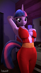 Size: 1080x1920 | Tagged: suggestive, artist:rekinek5-7, twilight sparkle (mlp), equine, fictional species, mammal, pony, unicorn, anthro, plantigrade anthro, friendship is magic, hasbro, my little pony, 2022, 3d, anthrofied, bottomwear, breasts, clothes, digital art, dress, eyelashes, female, hand on breast, horn, looking at you, mare, smiling, smiling at you, solo, solo female, source filmmaker, tail