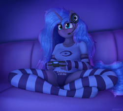 Size: 4000x3600 | Tagged: safe, artist:irisarco, princess luna (mlp), alicorn, equine, fictional species, mammal, pony, anthro, plantigrade anthro, gamer luna, friendship is magic, hasbro, my little pony, 2022, anthrofied, breasts, clothes, controller, couch, crossed legs, cute, eyeshadow, female, fingerless gloves, gloves, halo (series), headphones, headset, headwear, high res, horn, indoors, legwear, long gloves, long mane, makeup, multiple variants, nail polish, night, panties, reasonably sized breasts, shirt, sitting, smiling, socks, solo, solo female, stocking feet, stockings, striped clothes, striped legwear, t-shirt, tail, text, thigh highs, topwear, underwear, watermark