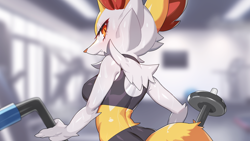 Size: 3840x2160 | Tagged: safe, artist:drunk_oak, braixen, fictional species, anthro, nintendo, pokémon, 16:9, 2022, bedroom eyes, belly button, blushing, bottomwear, breasts, butt, cheek fluff, clothes, detailed background, digital art, ear fluff, ears, eyelashes, female, fluff, fur, gym, hair, looking at you, neck fluff, pose, rear view, red nose, shorts, shoulder fluff, solo, solo female, sports bra, sports shorts, starter pokémon, tail, thighs, topwear, wide hips