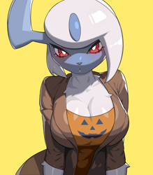 Size: 1896x2160 | Tagged: safe, artist:drunk_oak, absol, fictional species, mammal, anthro, nintendo, pokémon, 2022, bedroom eyes, big breasts, black nose, blushing, breasts, clothes, digital art, ears, eyelashes, female, fur, hair, horn, jacket, looking at you, pose, shirt, simple background, solo, solo female, topwear, yellow background