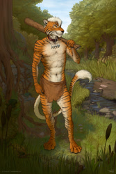 Size: 900x1350 | Tagged: safe, artist:titus weiss, big cat, feline, mammal, tiger, anthro, digitigrade anthro, brook, clothes, loincloth, male, plant, reed, solo, solo male, tree