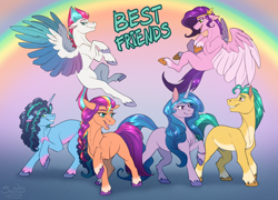 Size: 1400x1006 | Tagged: safe, artist:sunny way, hitch trailblazer (mlp), izzy moonbow (mlp), misty (mlp g5), pipp petals (mlp), sunny starscout (mlp), zipp storm (mlp), earth pony, equine, fictional species, mammal, pegasus, pony, unicorn, feral, hasbro, my little pony, my little pony g5, my little pony: a new generation, spoiler:my little pony g5, 2022, artwork, cute, digital art, feathered wings, feathers, female, group, heartwarming in hindsight, horn, male, mane five (mlp g5), mane six (mlp g5), mare, rainbow, sextet, signature, smiling, stallion, wings