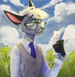 Size: 1242x1280 | Tagged: safe, artist:thevix, raymond (animal crossing), cat, feline, mammal, anthro, animal crossing, animal crossing: new horizons, nintendo, 2d, crying, glasses, male, paper, solo, solo male