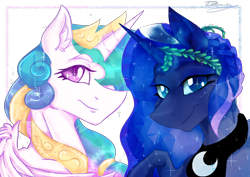 Size: 2480x1754 | Tagged: safe, artist:dankpegasista, princess celestia (mlp), princess luna (mlp), alicorn, crystal pony, equine, fictional species, mammal, pony, feral, friendship is magic, hasbro, my little pony, 2022, accessories, collar, crown, crystal, digital art, digital painting, duo, duo female, female, females only, gem, headwear, image, jewelry, mare, plant, regalia, royal sisters, siblings, sister, sisters, sparkles, sparkly eyes, sparkly mane, the crystal empire, the crystal empire 10th anniversary, wingding eyes