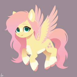 Size: 1000x1000 | Tagged: safe, artist:luminousdazzle, fluttershy (mlp), equine, fictional species, mammal, pegasus, pony, feral, friendship is magic, hasbro, my little pony, blaze (coat marking), body markings, brown background, chest fluff, coat markings, colored ear fluff, colored hooves, colored wings, cute, cutie mark, facial markings, feathered wings, feathers, female, fluff, flying, head marking, hooves, long mane, looking at you, mare, multicolored wings, pale belly, redesign, simple background, smiling, smiling at you, socks (coat markings), solo, solo female, spread wings, three-quarter view, two toned wings, unshorn fetlocks, wings