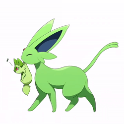 Size: 720x720 | Tagged: safe, artist:tontaro, eeveelution, espeon, fictional species, mammal, shiny pokémon, sprigatito, nintendo, pokémon, spoiler:pokémon gen 9, spoiler:pokémon scarlet and violet, 2022, 2d, 2d animation, ambiguous gender, ambiguous only, animated, behaving like a cat, black nose, cheek fluff, digital art, duo, duo ambiguous, ears, eyes closed, fluff, fur, holding, mouth hold, musical note, neck fluff, no sound, open mouth, paws, starter pokémon, tail, tail wag, walking, webm