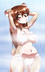 Size: 806x1280 | Tagged: suggestive, artist:alfa995, oc, oc only, oc:doe (alfa995), deer, mammal, anthro, 2022, big breasts, breasts, brown hair, bubble bath, convenient censorship, doe, ears, female, hair, long hair, redraw, short tail, shower, showering, solo, solo female, tail, thick thighs, thighs