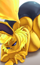 Size: 2500x4000 | Tagged: suggestive, alternate version, artist:faejunkie, eeveelution, fictional species, flareon, mammal, shiny pokémon, anthro, nintendo, pokémon, 2022, bedroom eyes, bottomwear, breasts, butt, clothes, digital art, ears, eyelashes, face down ass up, female, fluff, fur, hair, huge breasts, huge butt, looking at you, neck fluff, partial nudity, pose, shorts, solo, solo female, tail, thighs, topless, wide hips