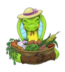 Size: 950x1055 | Tagged: safe, artist:niko_the_bird, oc, oc:sylene, reptile, snake, anthro, carrot, clothes, corn, female, food, hat, headwear, hood, lettuce, radish, solo, solo female, sun hat, vegetables